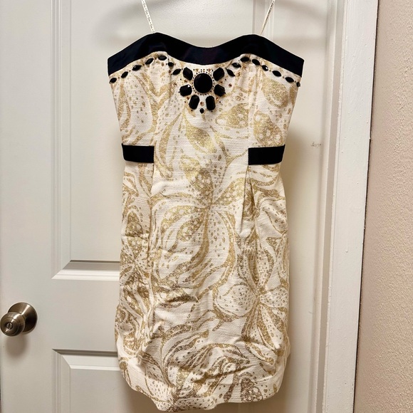 Lilly Pulitzer Strapless White and Gold with Black beaded accents Dress - Picture 2 of 7